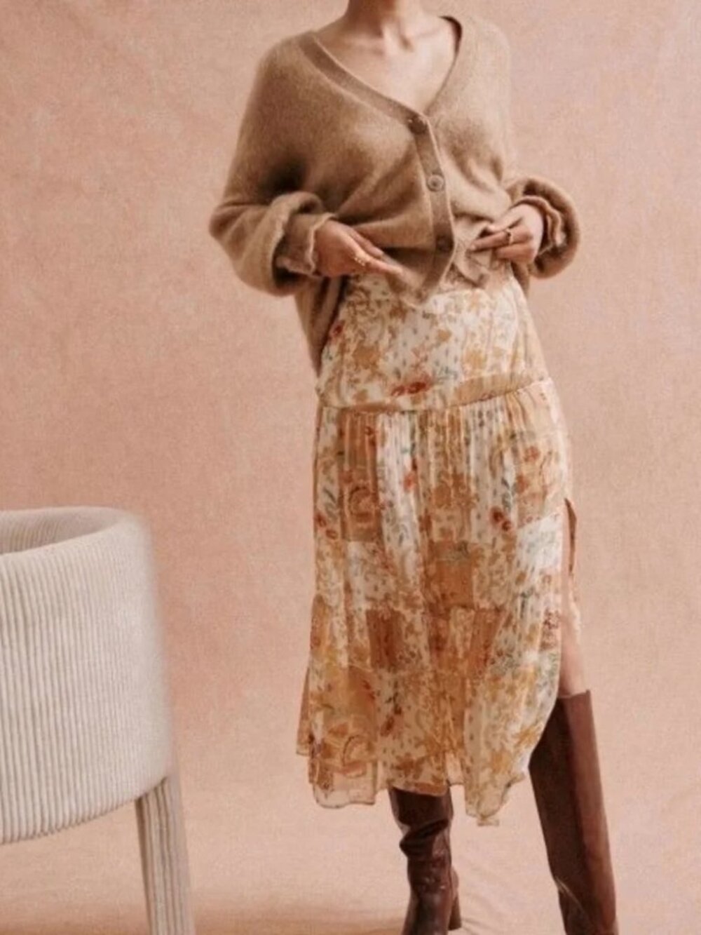 Sezane Tammie Skirt Patchwork Camel Size 34